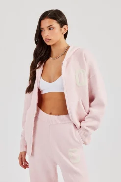 Hooded Zip Through Knitted Jumper - Baby Pink