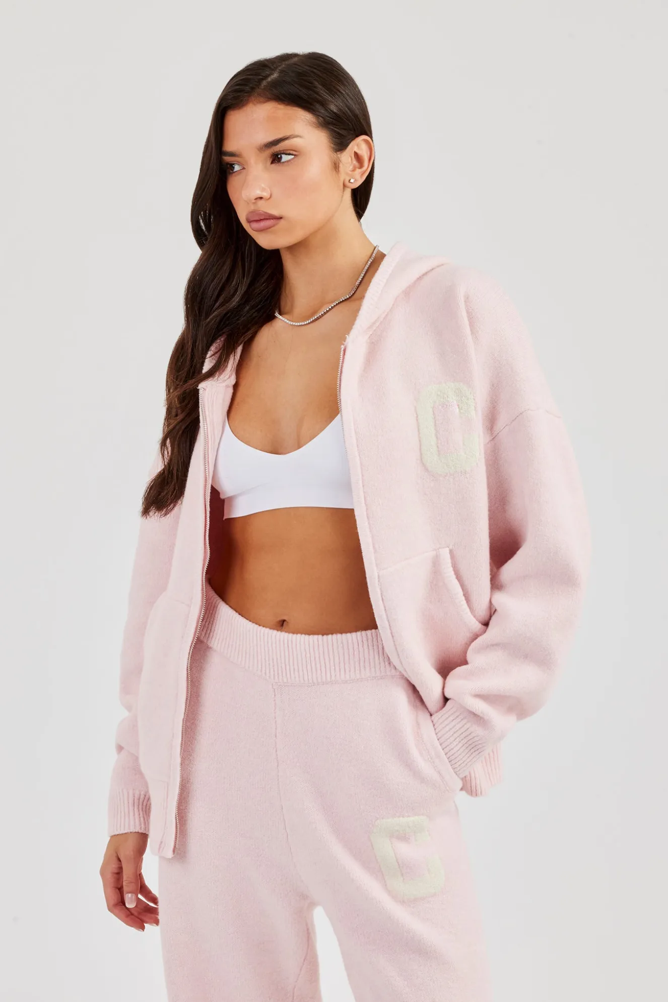 Hooded Zip Through Knitted Jumper - Baby Pink