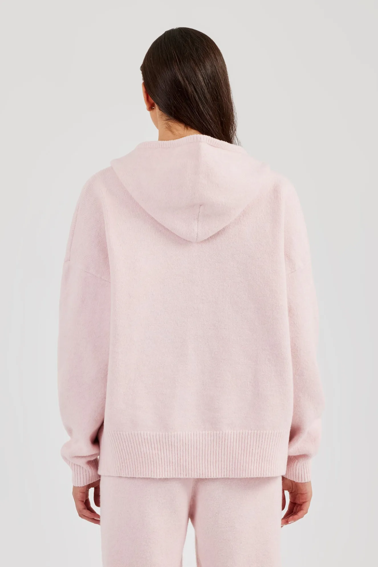 Hooded Zip Through Knitted Jumper - Baby Pink
