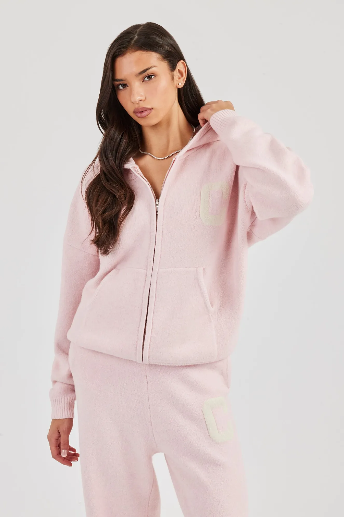 Hooded Zip Through Knitted Jumper - Baby Pink