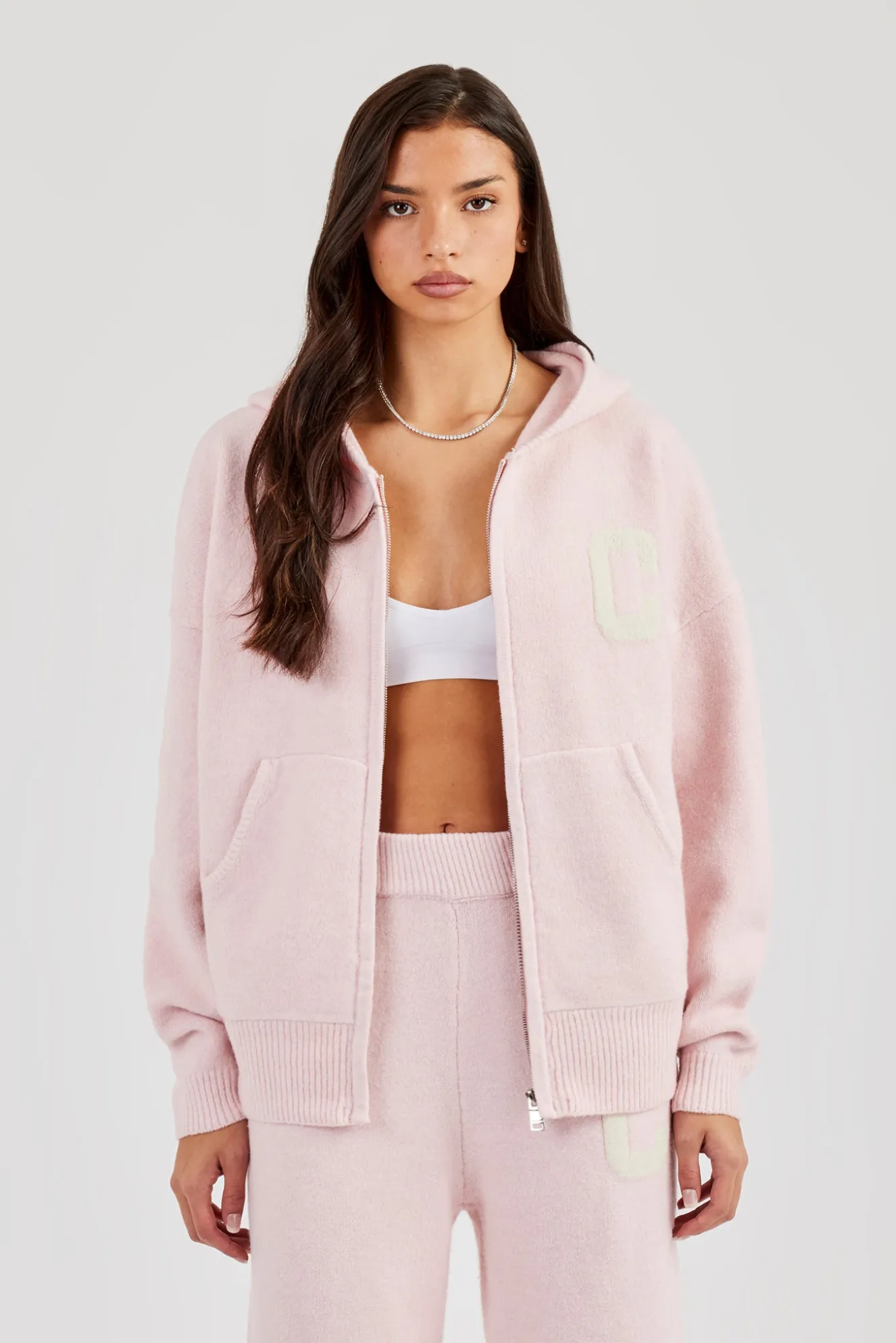 Hooded Zip Through Knitted Jumper - Baby Pink