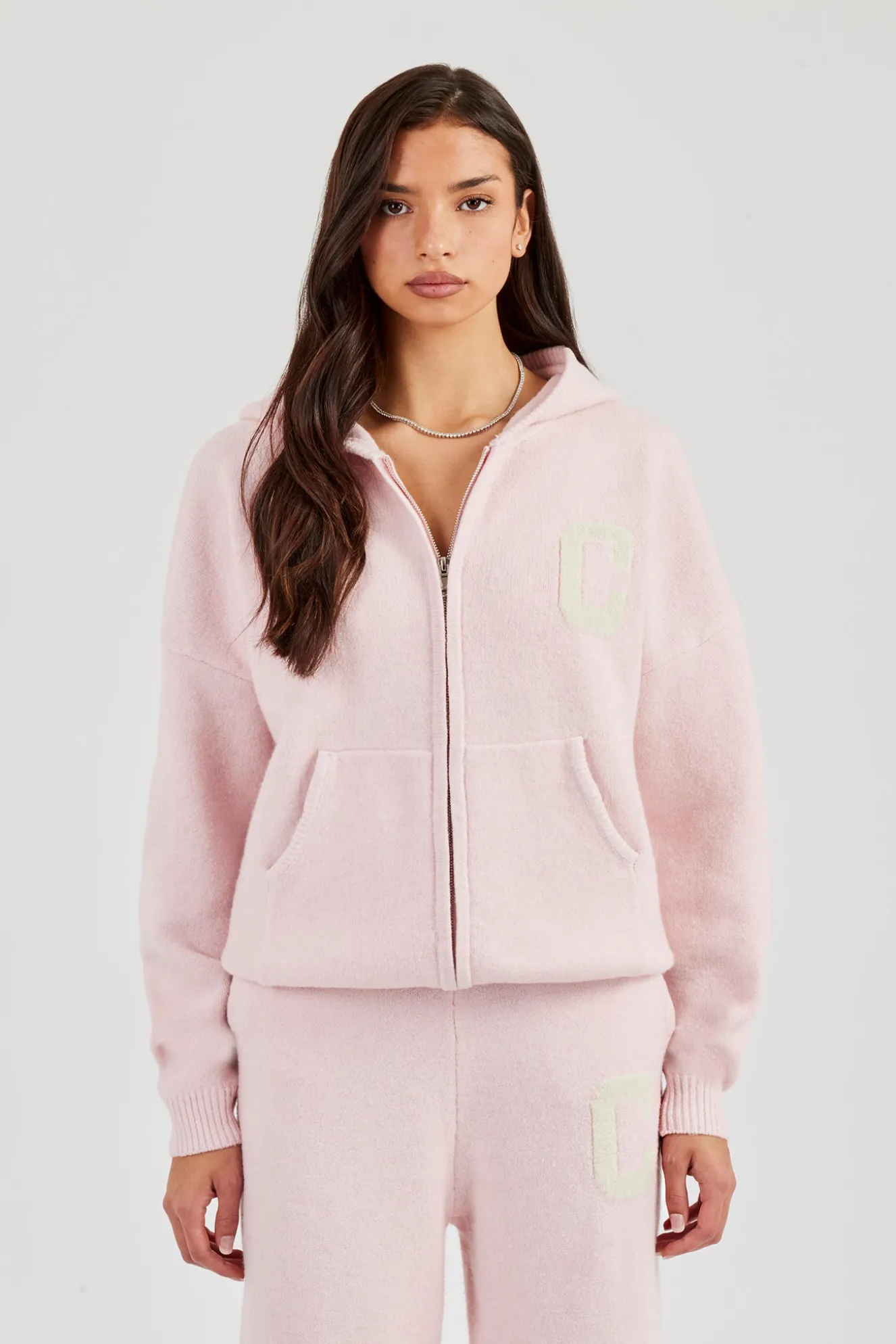 Hooded Zip Through Knitted Jumper - Baby Pink