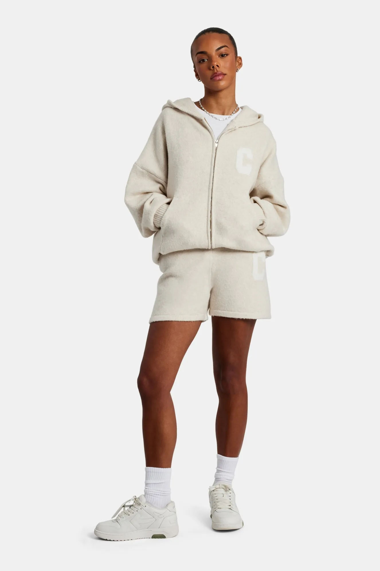Hooded Zip Through Knitted Short Tracksuit - Oatmeal