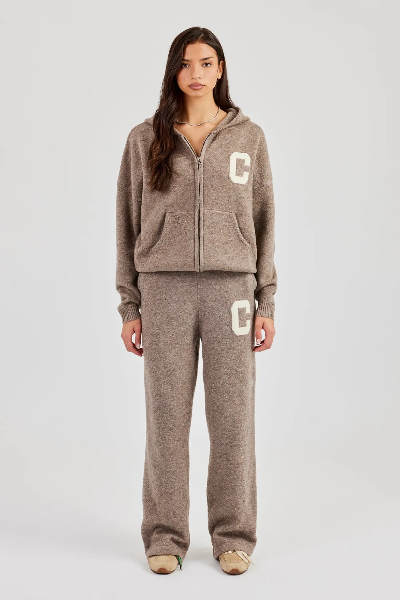 Hooded Zip Through Knitted Tracksuit - Taupe