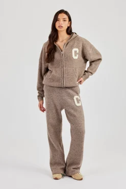 Hooded Zip Through Knitted Tracksuit - Taupe