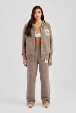 Hooded Zip Through Knitted Tracksuit - Taupe