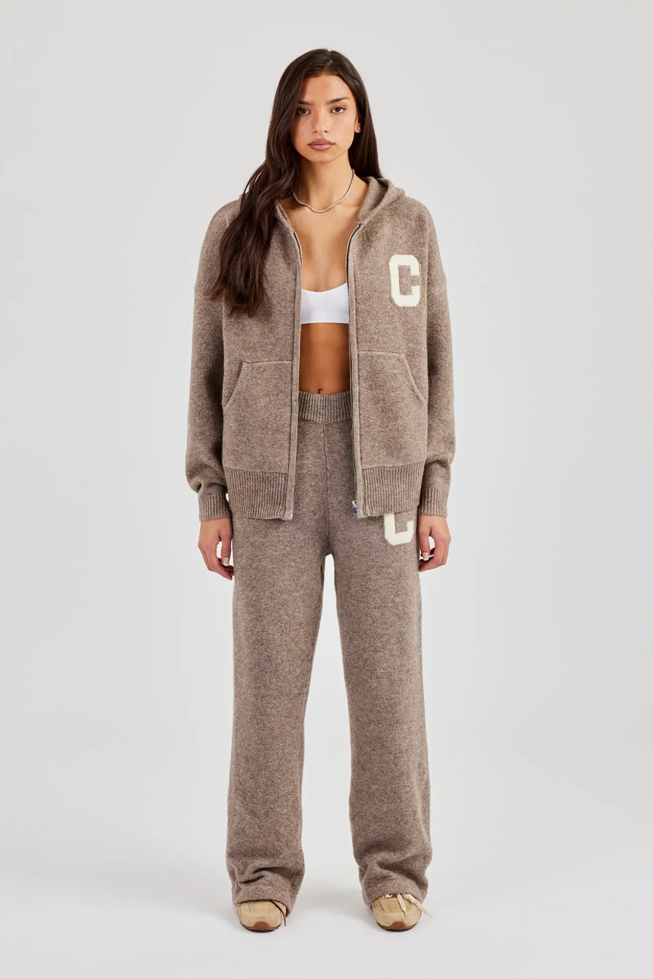 Hooded Zip Through Knitted Tracksuit - Taupe