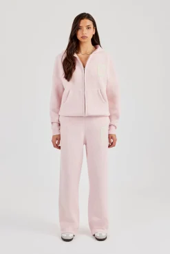 Hooded Zip Through Knitted Tracksuit - Baby Pink