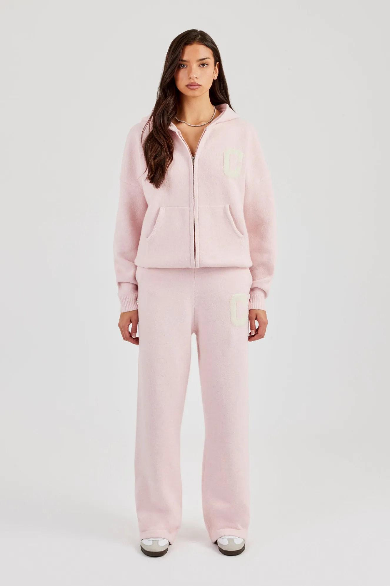 Hooded Zip Through Knitted Tracksuit - Baby Pink