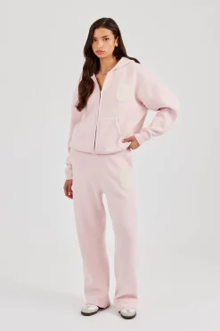 Hooded Zip Through Knitted Tracksuit - Baby Pink