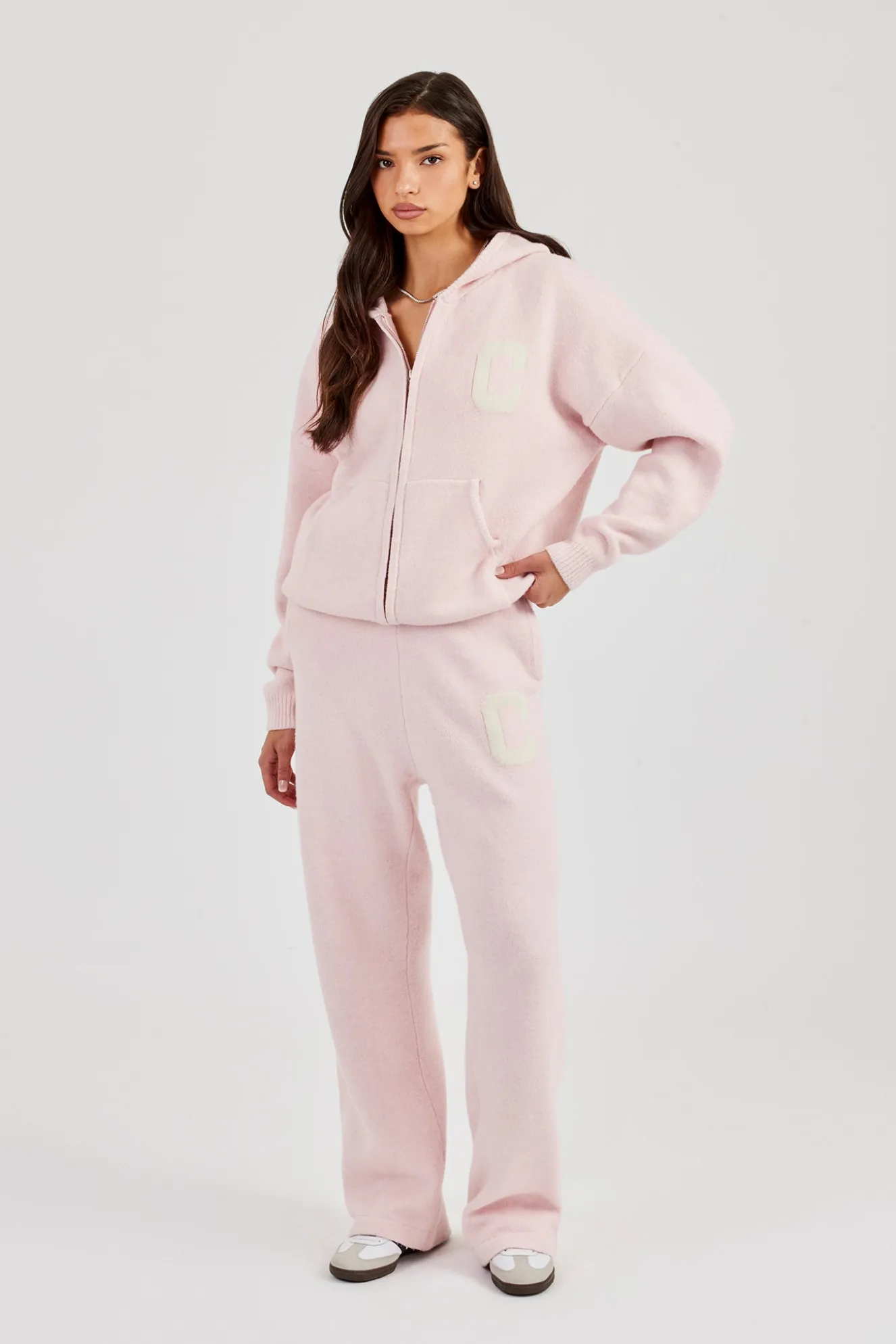 Hooded Zip Through Knitted Tracksuit - Baby Pink