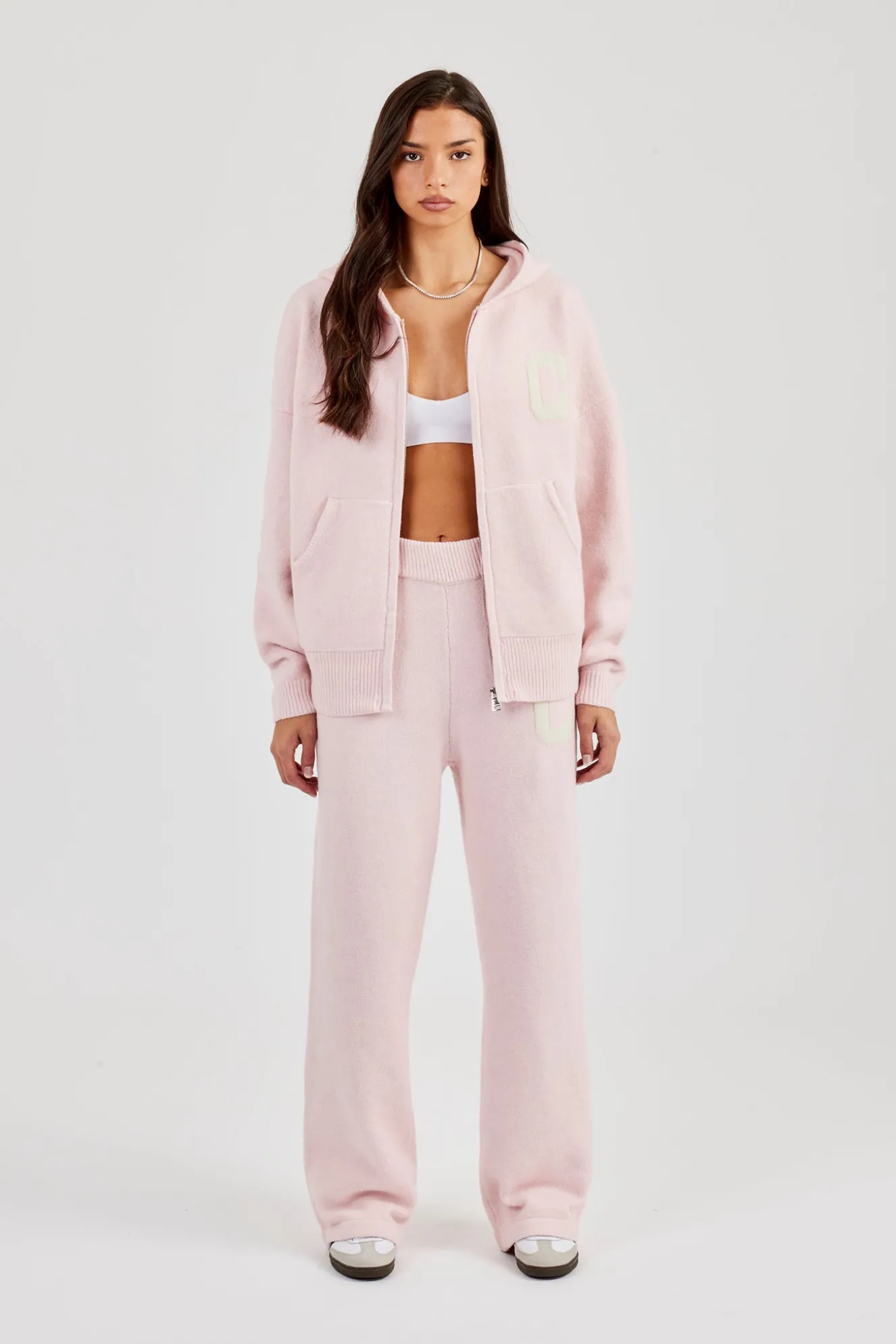 Hooded Zip Through Knitted Tracksuit - Baby Pink