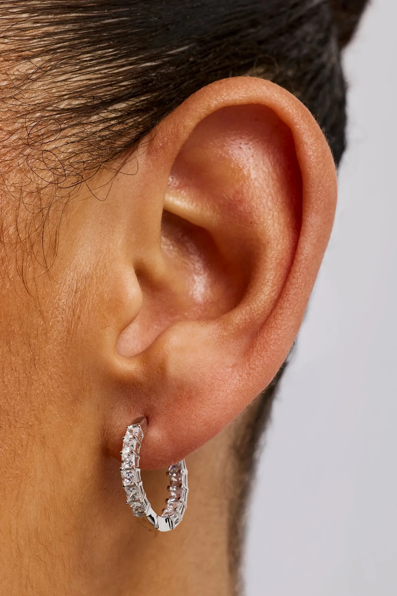 Iced Baguette Hoop Earrings - 20mm - White Gold