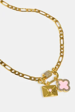 Iced Bar Pendant & Pink Enamel Motif Necklace - 10mm - Gold