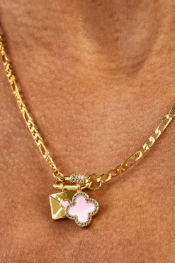 Iced Bar Pendant & Pink Enamel Motif Necklace - 10mm - Gold