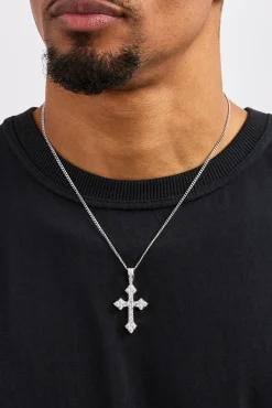 Iced Celtic Cross Pendant Curb Necklace - 35mm - White