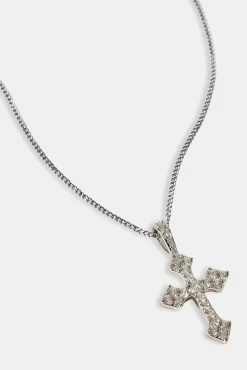 Iced Celtic Cross Pendant Curb Necklace - 35mm - White