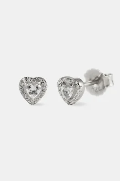 Iced Centre Heart Stud Earrings - 6mm - White