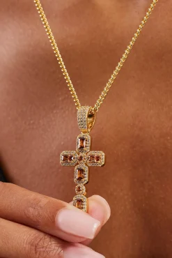 Iced Chocolate Gemstone Cross Cuban Necklace - 40mm - Gold