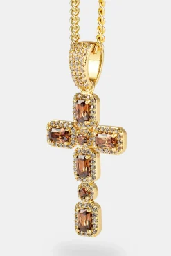 Iced Chocolate Gemstone Cross Cuban Necklace - 40mm - Gold