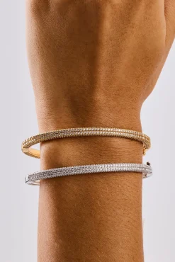 Iced Double Row Tennis Bangle - 4mm - Gold