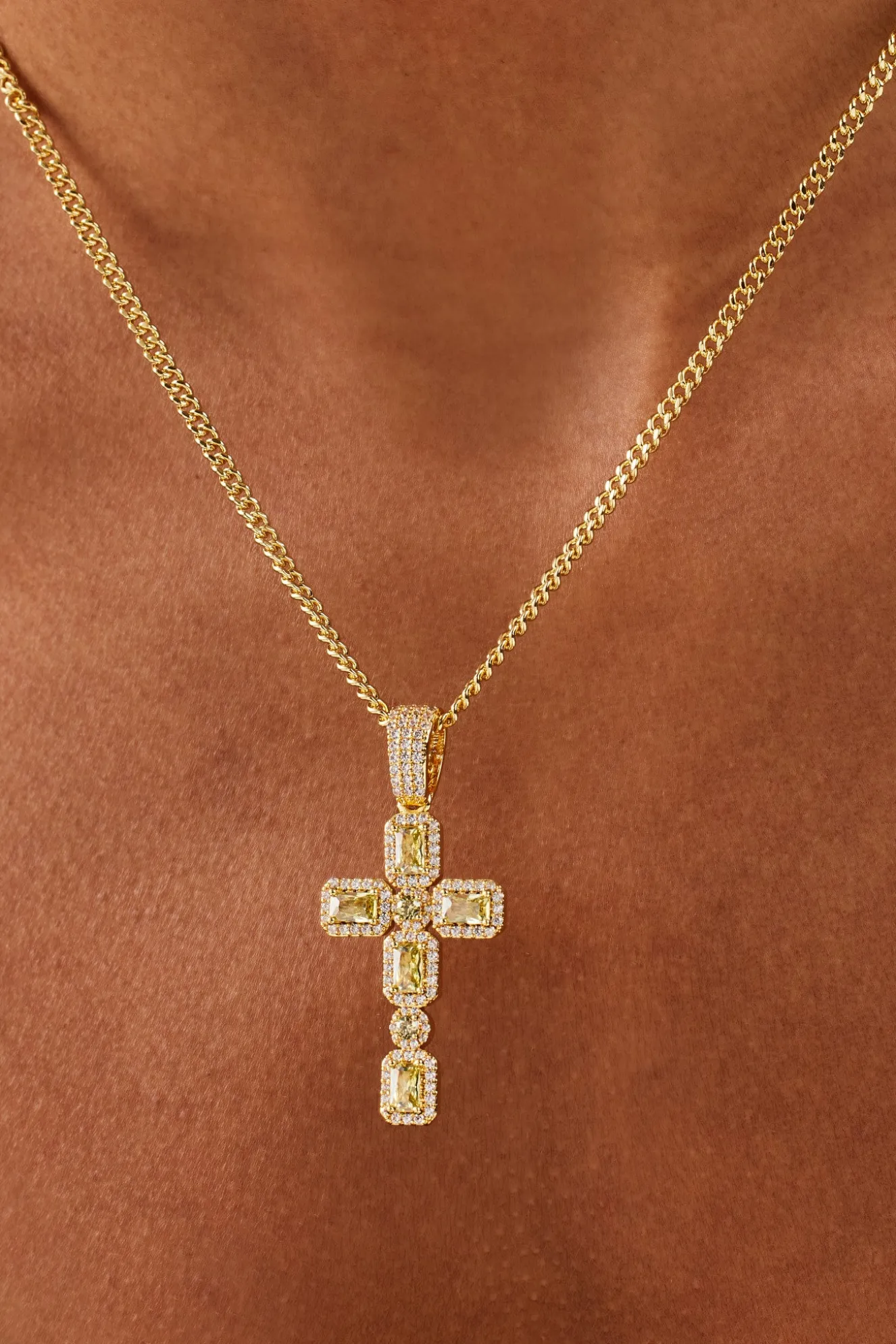 Iced Green Gemstone Cross Cuban Necklace - 40mm