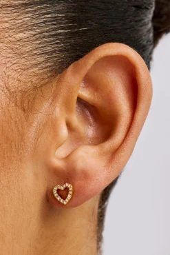 Iced Heart Outline Stud Earrings - 10mm - Gold