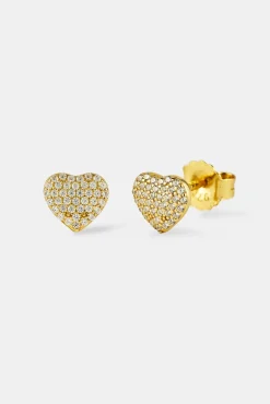 Iced Heart Stud Earrings - 10mm - Gold