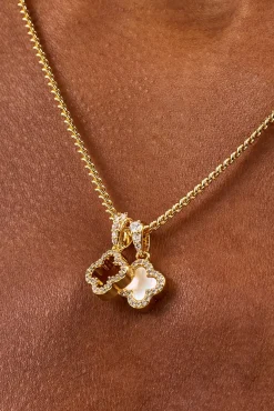 Iced & Mother Of Pearl Double Motif Necklace - 10mm - Gold
