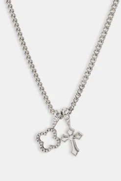 Iced Motif & Cross Pendant Necklace - 10mm - White