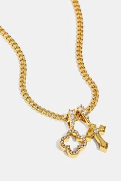 Iced Motif & Cross Pendant Necklace - 10mm - Gold
