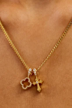 Iced Motif & Cross Pendant Necklace - 10mm - Gold