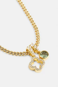 Iced Motif Outline & Green Gemstone Necklace - 10mm - Gold