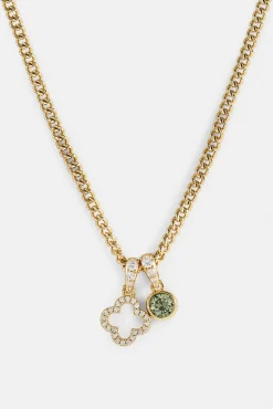 Iced Motif Outline & Green Gemstone Necklace - 10mm - Gold