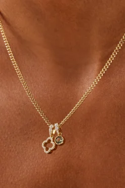 Iced Motif Outline & Green Gemstone Necklace - 10mm - Gold