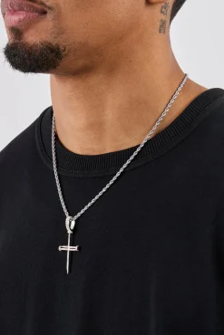 Iced Nail Cross Pendant Rope Necklace - 20mm - White
