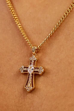 Iced Oval Centre Cross Necklace - 25mm - Gold