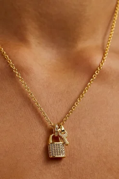 Iced Padlock & Key Necklace - 10mm - Gold