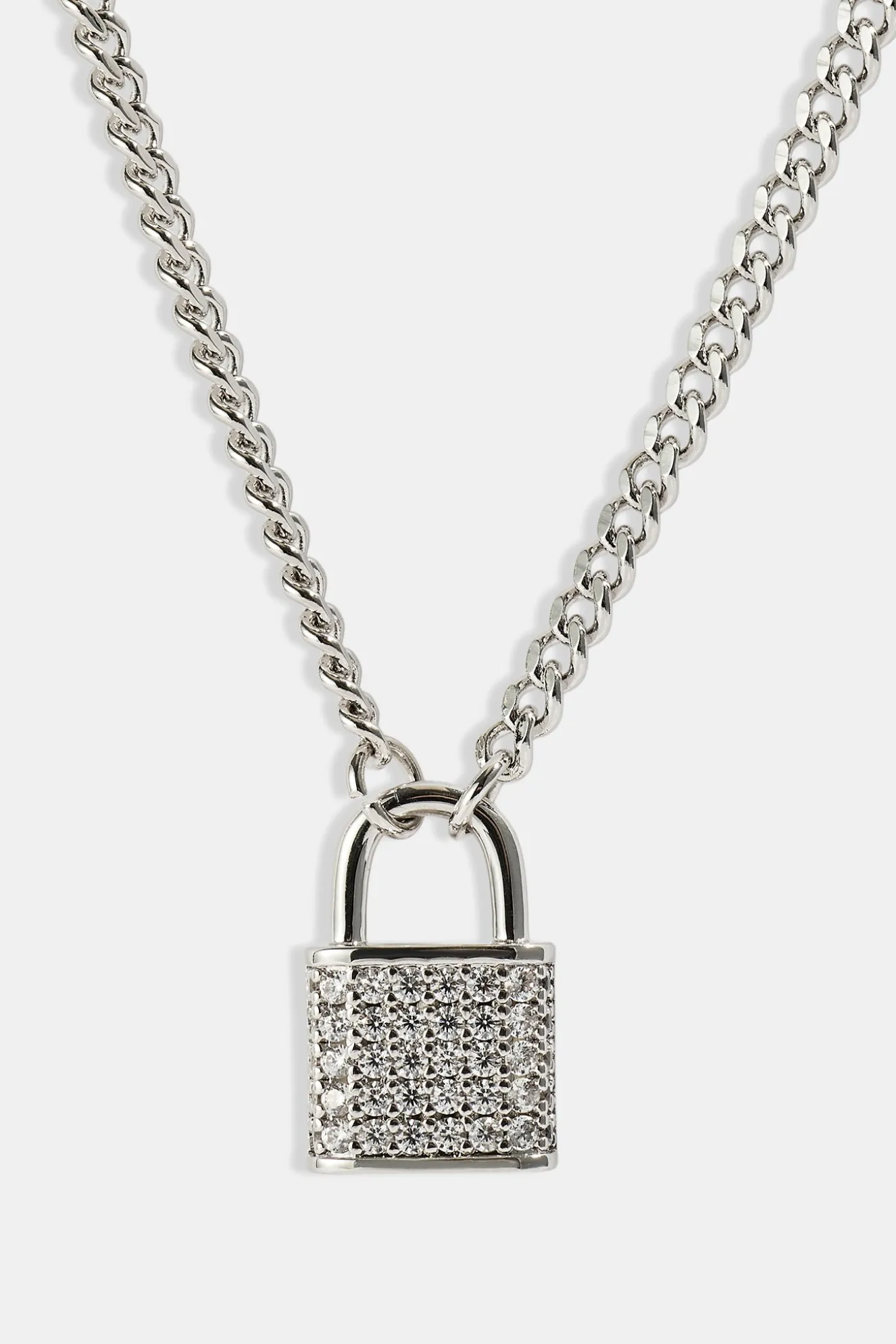 Iced Padlock Pendant Necklace - 15mm - White