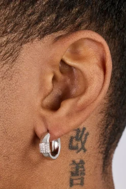 Iced Panel Huggie Hoop Earring - 15mm- White