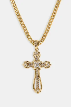 Iced Round Edge Cross Necklace - 30mm - Gold