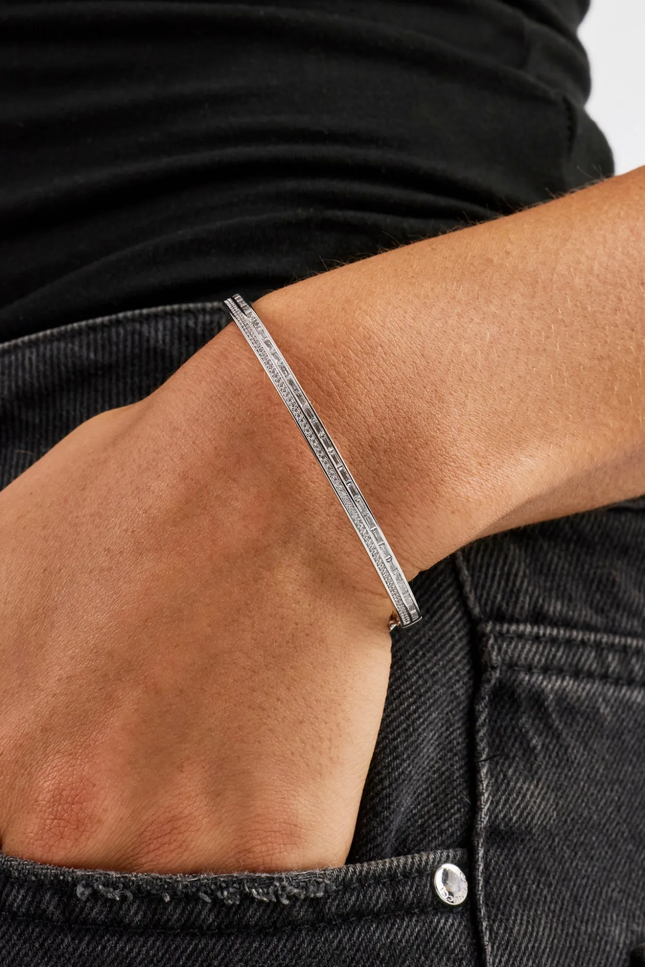 Iced Tennis & Baguette Stone Bangle - 4mm - White