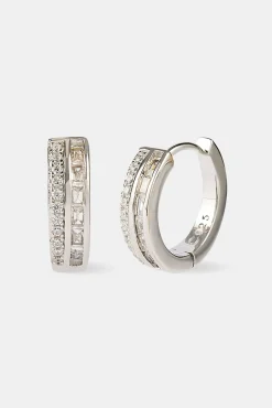 Iced Tennis & Baguette Stone Hoop Earrings - 10mm - White