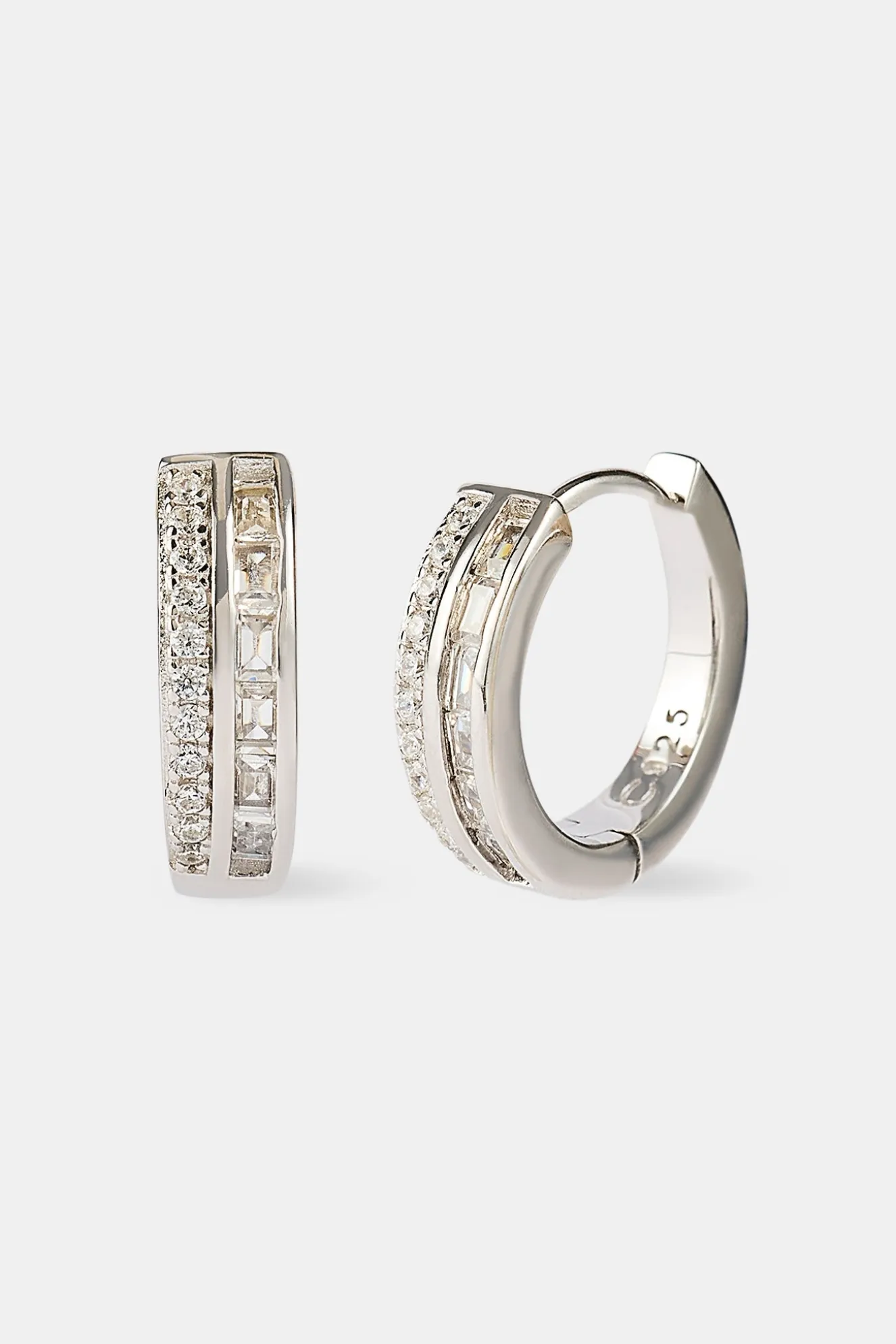 Iced Tennis & Baguette Stone Hoop Earrings - 10mm - White