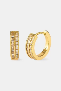 Iced Tennis & Baguette Stone Hoop Earrings - 10mm - Gold