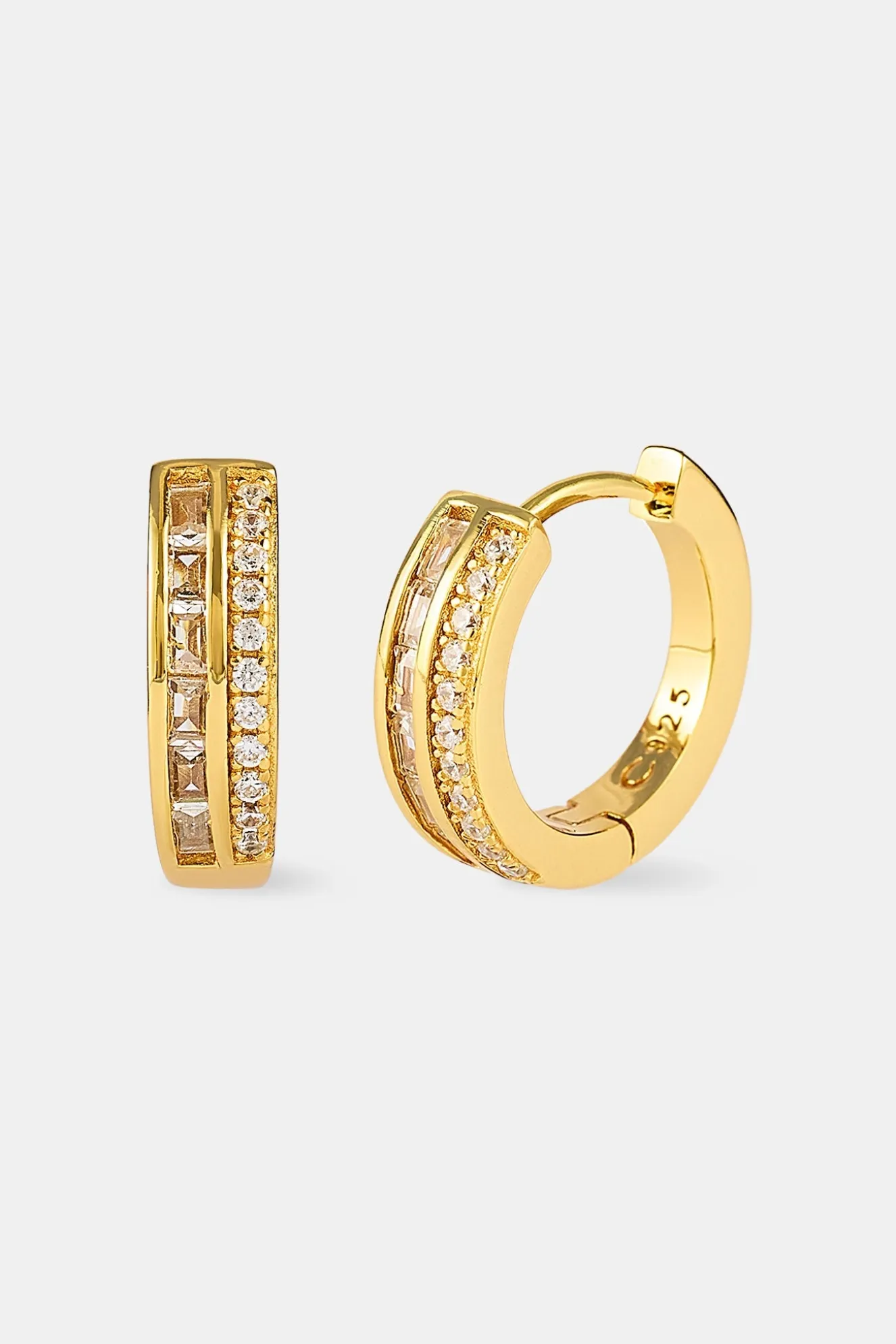 Iced Tennis & Baguette Stone Hoop Earrings - 10mm - Gold