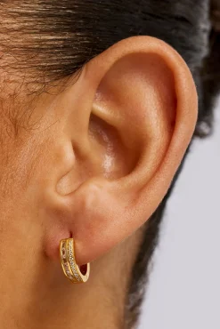 Iced Tennis & Baguette Stone Hoop Earrings - 10mm - Gold