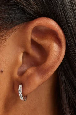 Iced Thin Huggie Earrings - 12mm - White