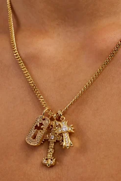 Iced Triple Cross & Tag Necklace - 20mm - Gold