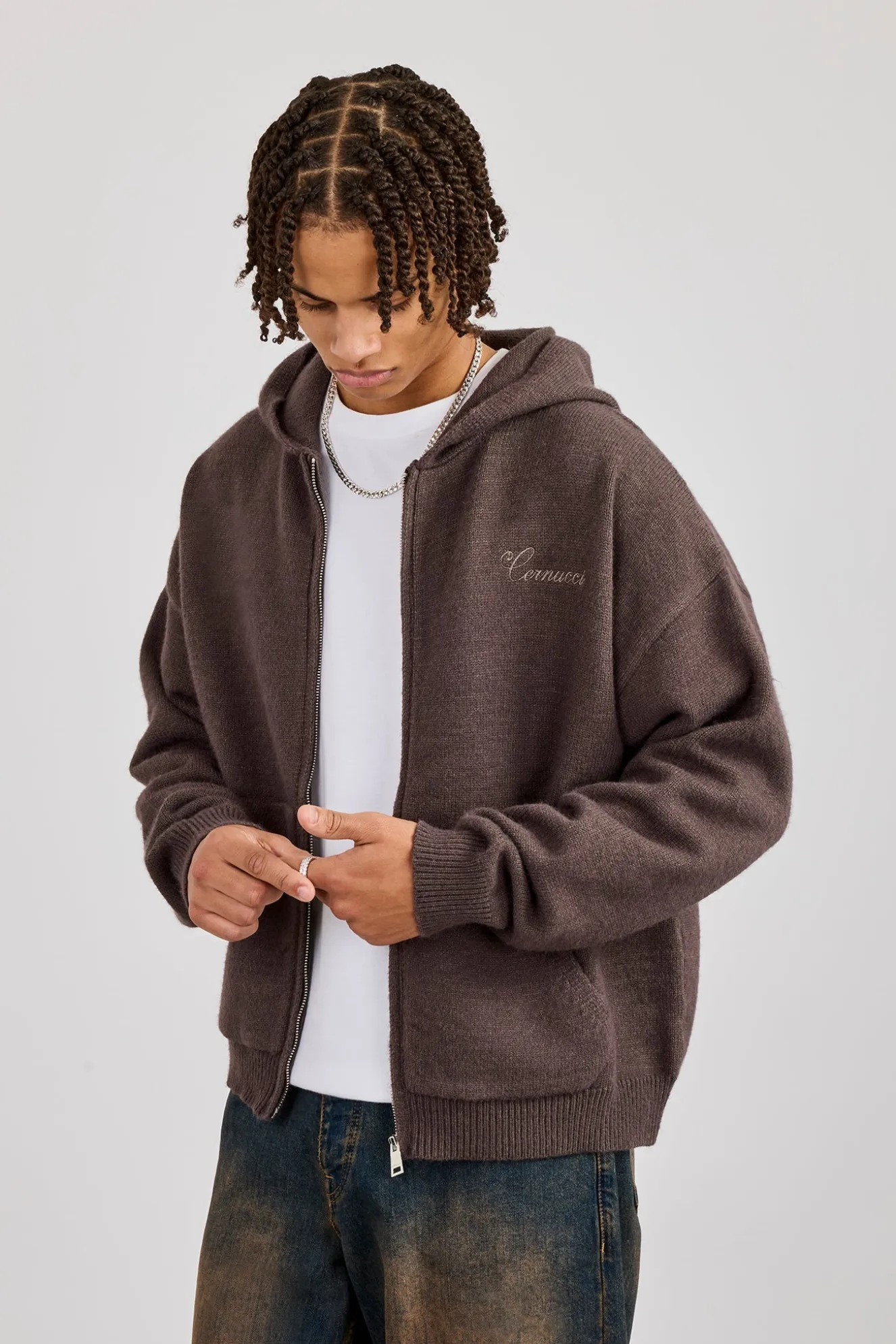 Knitted Cernucci Back Detail Boxy Zip Hoodie -Brown